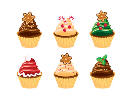 Decorated christmas cupcakes icon set vector. Vanilla and chocolate cupcakes with christmas candies icon set vector. Decorated christmas cupcake with sprinkles icon isolated on a white backgroundのイラスト素材