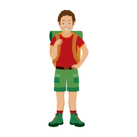 Traveler man with travel bag icon vector. Young man with backpack vector. Boy wearing hiking boots and shorts vector. Traveler man icon isolated on a white bacground. Tourist with a backpack cartoonのイラスト素材