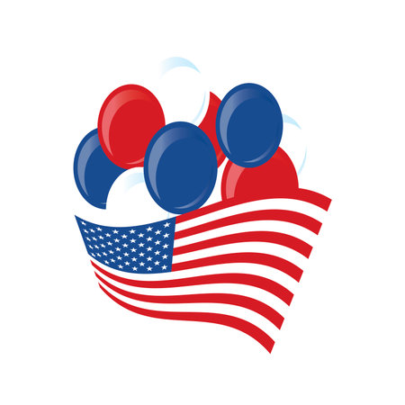 Waving american flag with inflatable balloons icon vector. American flag and balloons icon isolated on a white background. Balloons in american flag colors vectorのイラスト素材