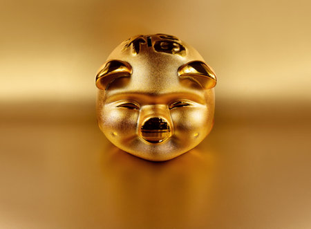 Golden saving piggy bank stock images. Shiny pig money box isolated on a golden. Beautiful chinese gold piggyの写真素材