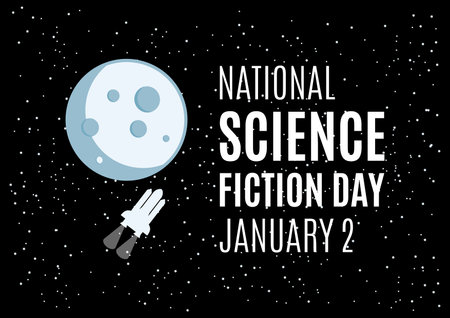 National Science Fiction Day vector. Spaceship with the moon vector. Rocket in space vector. Science Fiction Day Poster, January 2. Important dayのイラスト素材