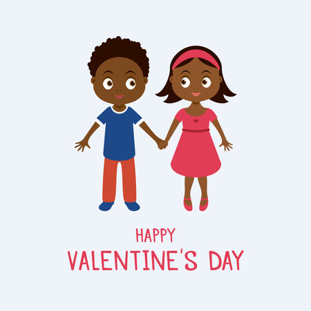 Happy Valentine's Day greeting card with cute african american kids vector. Two cute african american kids holding hands icon vector. Valentine african kids icon vector. Important dayのイラスト素材