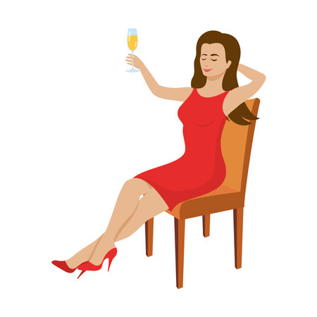 Happy woman with a glass of champagne sitting on a chair vector. Young beautiful woman in red dress toasting vector. Relaxing woman sitting on a chair and drinking wine clip art. Champagne toast iconのイラスト素材