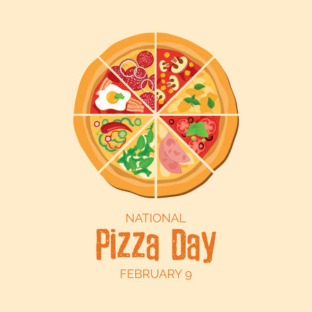 National Pizza Day vector. Different kinds of pizza slices vector. Whole pizza top view icon set. Pizza Day Poster, February 9. Important dayのイラスト素材