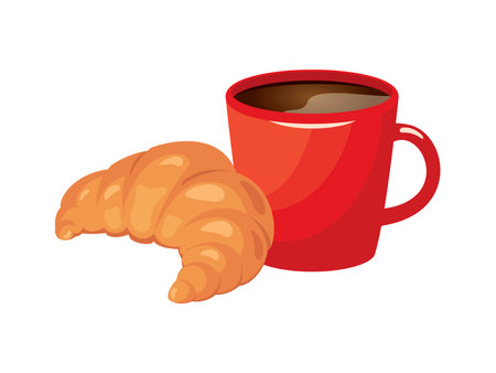 Fresh butter croissant and coffee in a red mug vector. Croissant and coffee icon vector. French breakfast illustration. Red cup of cocoa and croissant vectorのイラスト素材