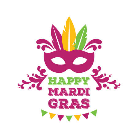 Happy Mardi Gras festival design icon isolated. Mardi Gras carnival poster with decorative carnival mask with feathers illustration. Happy Mardi Gras lettering with decorative elements vectorのイラスト素材