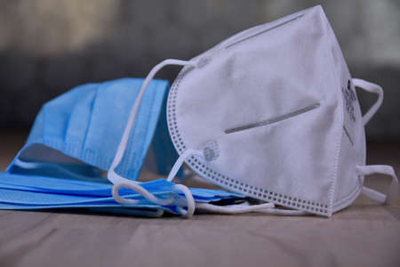 Respirator and medical mask stock images. Different types of coronavirus mask photo images. Protective equipment against influenza stock imagesの写真素材