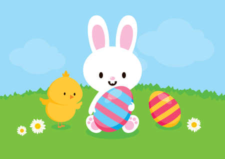 Cute easter baby bunny and little chick on a spring meadow vector. Adorable easter white bunny, yellow chick and colored egg vector. Easter rabbit and chicken icon vectorのイラスト素材