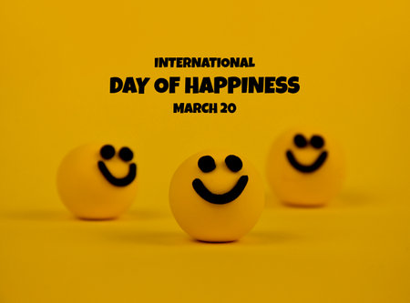 International Day of Happiness stock images. Happy yellow balls on a yellow background. Day of Happiness Poster, March 20. Important dayの写真素材