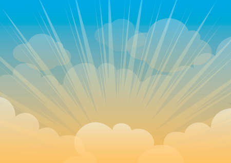 Blue orange sunny sky with clouds and sunbeams vector. Beautiful sunny blue orange sky background vector. Sunny bright heaven vector illustrationのイラスト素材