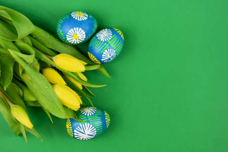 Beautiful hand painted easter eggs with yellow tulips top view stock images. Easter colored eggs isolated on a green background with copy space for text stock photo. Traditional easter unique eggsの写真素材