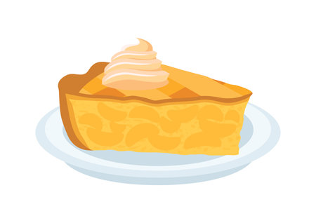 Piece of apple fruit cake with whipped cream vector. Sweet traditional Apple Pie on a plate icon vector. Piece of apple pie clip art isolated on a white backgroundのイラスト素材