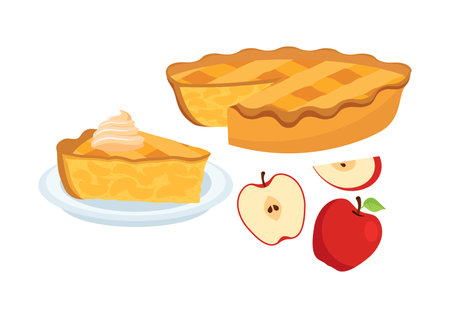 Sweet traditional Apple Pie with apples icon set vector. Piece of apple pie vector icons. Cake with apples and whipped cream vector. Classic american sweet pie clip art isolated on a white backgroundのイラスト素材