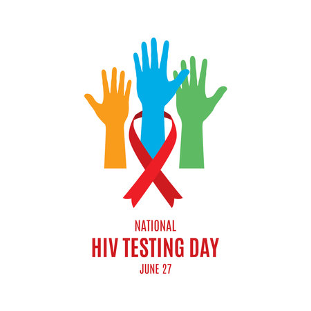 National HIV Testing Day vector. Colored hands with hiv aids red ribbon icon vector. HIV awareness ribbon and hands icon isolated on a white background. HIV Testing Day Poster, June 27. Important dayのイラスト素材