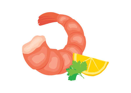 Shrimp cooked seafood icon vector. Shrimp food with lemon vector. Prawn food icon isolated on a white background. One piece of shrimp clip artのイラスト素材