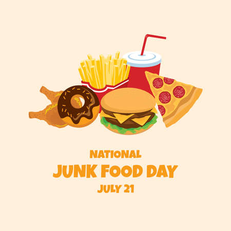 National Junk Food Day vector. Pile of junk food icon vector. Group of fried and sweet food vector. Junk Food Day Poster, July 21.のイラスト素材