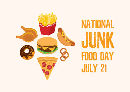 National Junk Food Day vector. Junk food icon set vector. Group of fried and sweet food vector.のイラスト素材