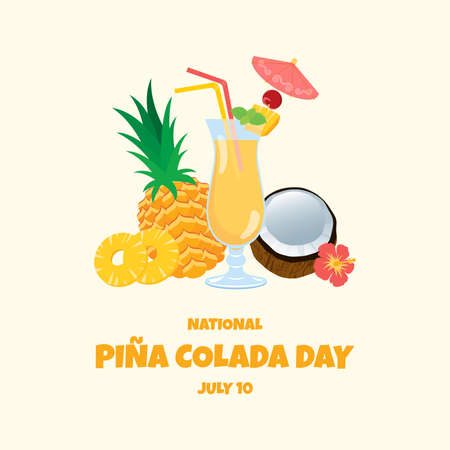 National PiÃ±a Colada Day vector. Tropical Pina Colada cocktail with drink umbrella, pineapple and coconut fruit vector. Fancy fresh summer drink vector. PiÃ±a Colada Day Poster, July 10. Important dayのイラスト素材