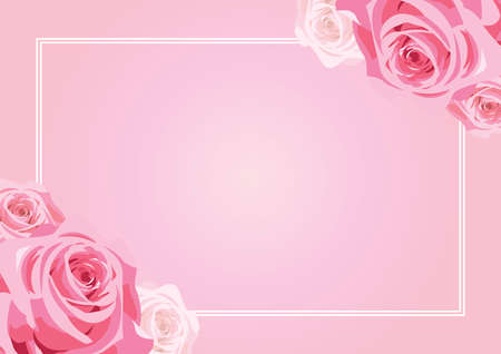 Soft pink rose floral frame on pink background vector. Romantic pink rose background vector. Pink roses border with copy space for text. Empty greeting card vectorのイラスト素材