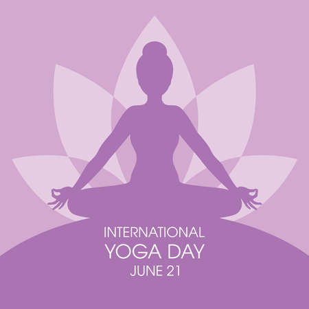 International Yoga Day Poster with woman in yoga position silhouette vector. Meditating woman purple icon vector. Young woman in sitting yoga lotus pose vector. June 21, Important dayのイラスト素材