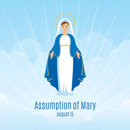 Feast of the Assumption of the Blessed Virgin Mary vector. Assumption of Mary vector illustration. Blessed Virgin Mary in heaven vector icon. Assumption of Mary Poster, August 15. Important dayのイラスト素材