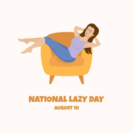 National Lazy Day vector. Young woman relaxing in an armchair icon vector. Woman resting with hands behind her head vector. Lazy Day Poster, August 10. Important dayのイラスト素材