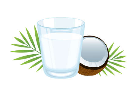 Glass of coconut milk icon vector. Healthy milk alternative vector. Coconut milk icon isolated on a white background. Glass of coconut water and fresh coconut half vectorのイラスト素材