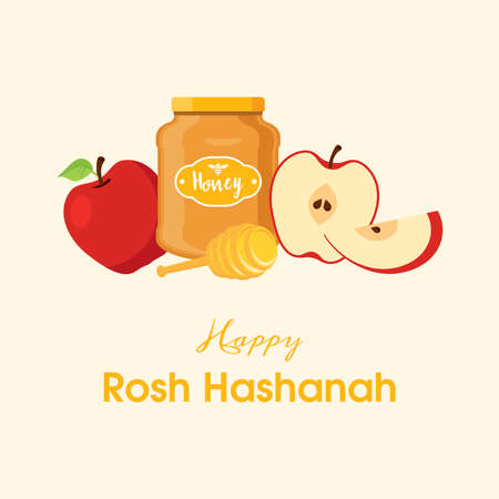 Happy Rosh Hashanah Poster with apple and honey icon vector. Jar of honey, red apples and honey dipper stick vector. Jewish New Year Poster. Important dayのイラスト素材