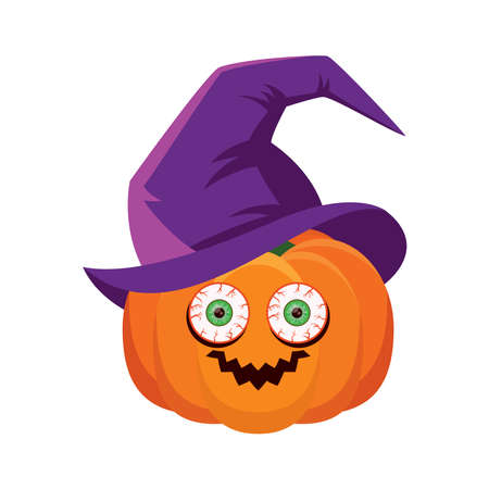 Scary halloween pumpkin with purple witch hat icon vector. Orange halloween pumpkin with creepy eyes icon isolated on a white backgroundのイラスト素材