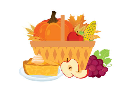 Wicker basket with seasonal autumn food icon vector. Thanksgiving autumn harvest decoration icon isolated on a white background. Autumn food still life with pumpkin and apple pie vectorのイラスト素材
