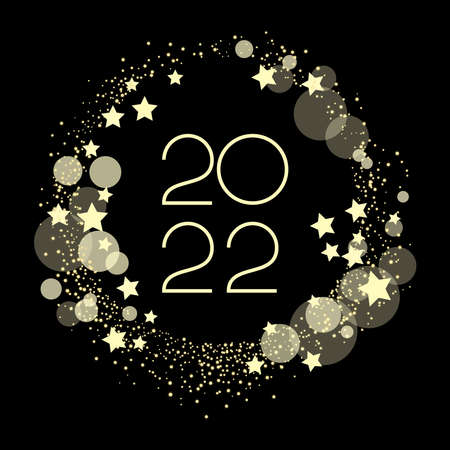 2022 number New Year luxury shiny golden round frame on a black background vector. 2022 New Year sign on a golden festive background. New Year 2022 elegant black gold greeting card vectorのイラスト素材