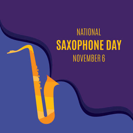 National Saxophone Day vector. Yellow saxophone musical instrument vector icon isolated on a purple background. Saxophone Day Poster, November 6. Important dayのイラスト素材