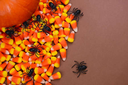 Halloween sweet candy corn with spiders toys frame stock images. Halloween candy and spiders top view isolated on a brown background with copy space for textの写真素材