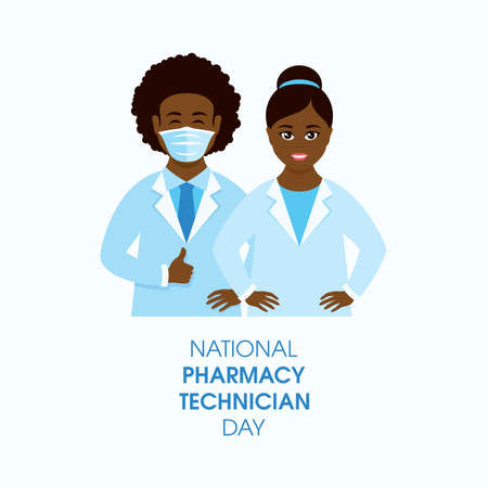 National Pharmacy Technician Day vector. Happy smiling african american male and female pharmacists icon vector. Young cheerful black man and woman pharmacists vector. Important dayのイラスト素材