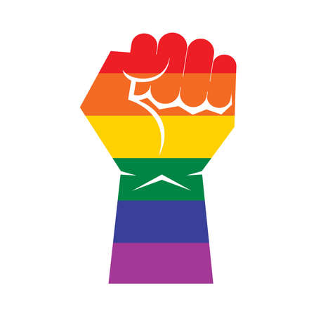 Rainbow LGBT colored hand raised fist icon vector. Rainbow hand with clenched fist icon vector. LGBTQ design element isolated on a white backgroundのイラスト素材