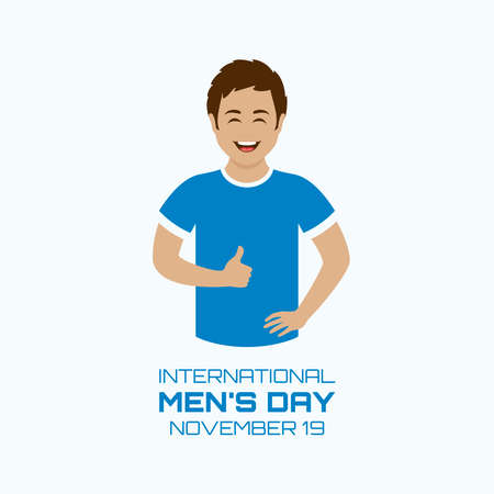 International Men's Day vector. Happy young man with thumb up vector. Cheerful man in casual blue t-shirt icon. Men's Day Poster, November 19. Important dayのイラスト素材
