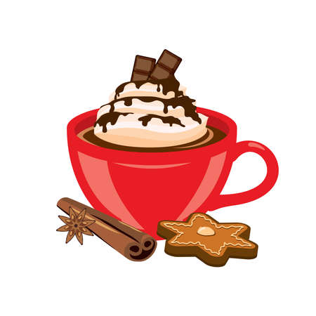 Red mug of hot chocolate with cinnamon and gingerbread icon vector. Cup of cocoa with whipped cream vector. Sweet winter drink icon isolated on a white background. Christmas beverage vectorのイラスト素材