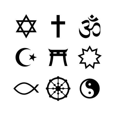 Religious symbols black silhouette icon set vector. World religions symbols icons isolated on a white backgroundのイラスト素材