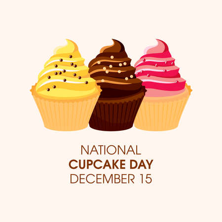 National Cupcake Day vector. Creamy yellow, chocolate, pink cupcake with sprinkles icon vector. Cupcake Day Poster, December 15. Important dayのイラスト素材