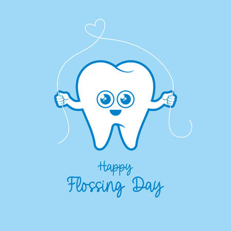 Happy Flossing Day vector. Happy tooth with dental floss icon vector. Smiling healthy tooth cartoon character. Important dayのイラスト素材