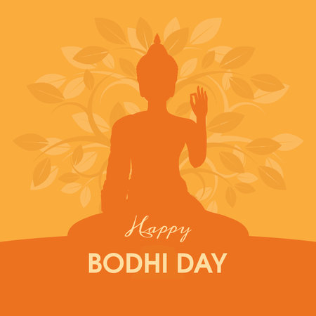 Happy Bodhi Day vector. Silhouette of sitting Buddha and tree vector illustration. Buddhist holiday. Important dayのイラスト素材