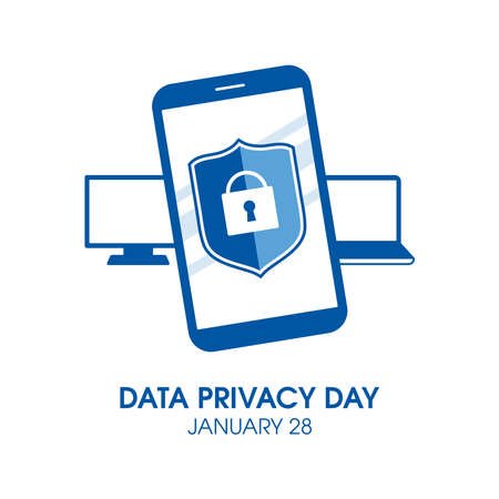Data Privacy Day vector. Protected mobile phone with shield and lock icon vector. Mobile phone, laptop, monitor graphic icons isolated on a white background. January 28. Important dayのイラスト素材