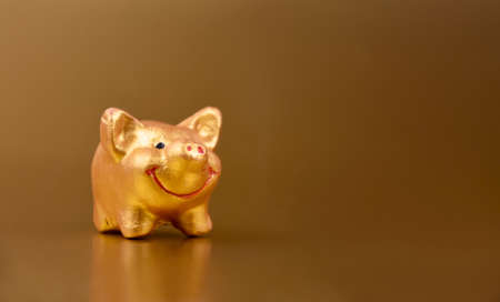 Golden piggy toy on a gold background frame stock images. Cute little pig figurine on a gold background with copy space for text stock imagesの素材 [FY310180612464]