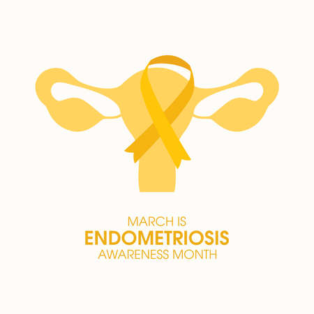 March is Endometriosis Awareness Month vector. Human uterus with yellow awareness ribbon vector. Female reproductive health iconのイラスト素材