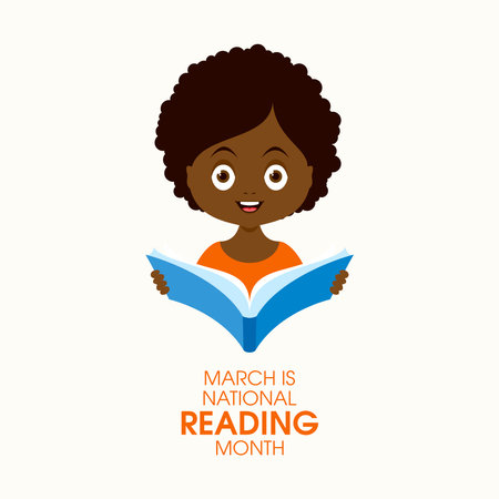 March Is National Reading Month vector. Cheerful little african american girl reading a book vector. Happy smiling african child girl with book cartoon characterのイラスト素材