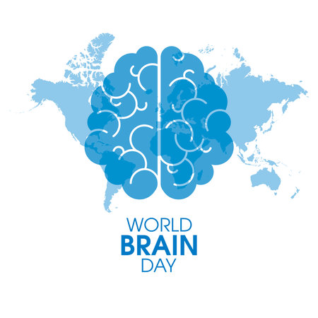 World Brain Day Poster with human brain and world map vector. Human brain with world map silhouette icon vector isolated on a white background. Important dayのイラスト素材