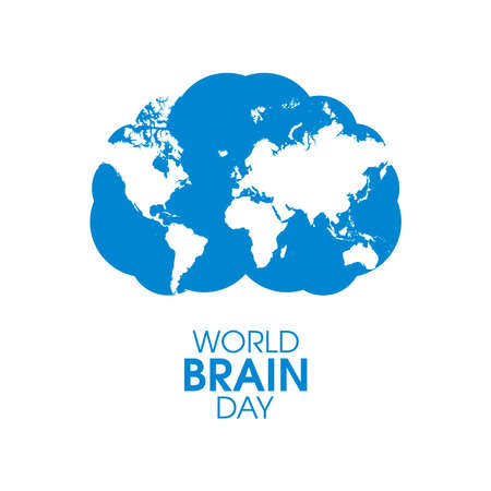 World Brain Day Poster with human brain and world map vector. Abstract human brain with world map silhouette icon vector isolated on a white background. Important dayのイラスト素材