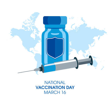 National Vaccination Day vector. Vaccine bottle with syringe icon isolated on a white background. Vaccine and injection with world map vector. Vaccination Day Poster, March 16. Important dayのイラスト素材
