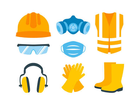 Work personal protective equipment and clothing icon set vector. Occupational safety and health icon set isolated on a white background. Industrial work wear and tools vectorのイラスト素材