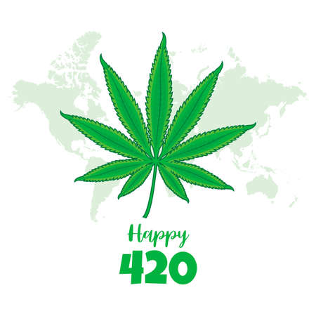 Happy 420 holiday greeting card with cannabis leaf icon vector. Hemp leaf and world map design element isolated on a white background. Marijuana herbal cannabis with number 420 vector. Important dayのイラスト素材